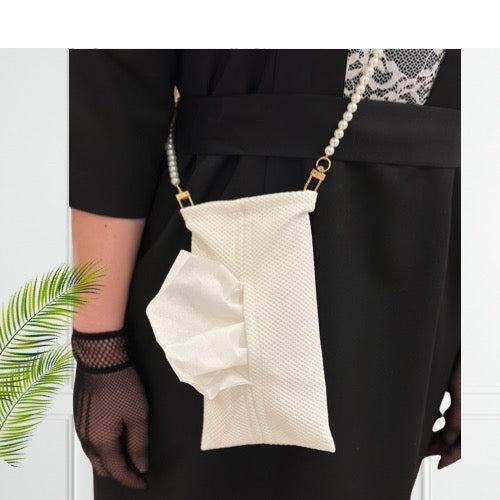 Tissue Bag Off White with Pearl Strap